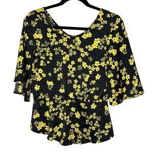 Who What Wear Small Black Yellow Floral Peplum Blouse Whimsygoth Flutter Sleeve